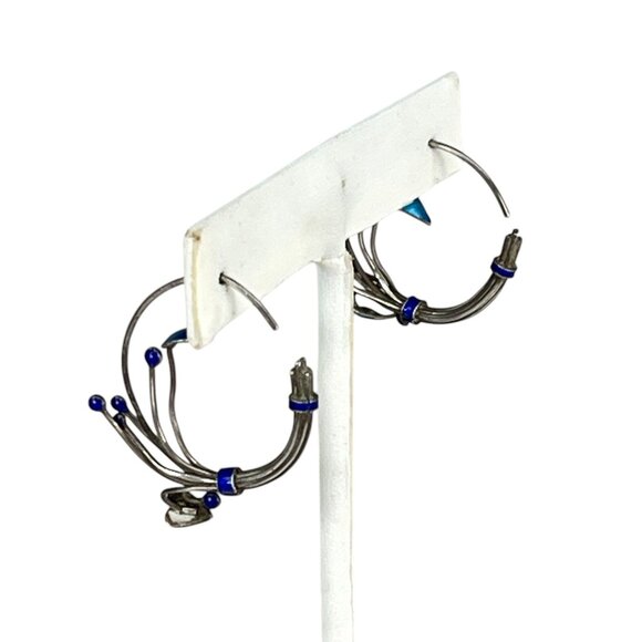 Vintage Silver & Blue Artistic Enamel Hoop Earrings With Abstract Design Tribal - Picture 7 of 10